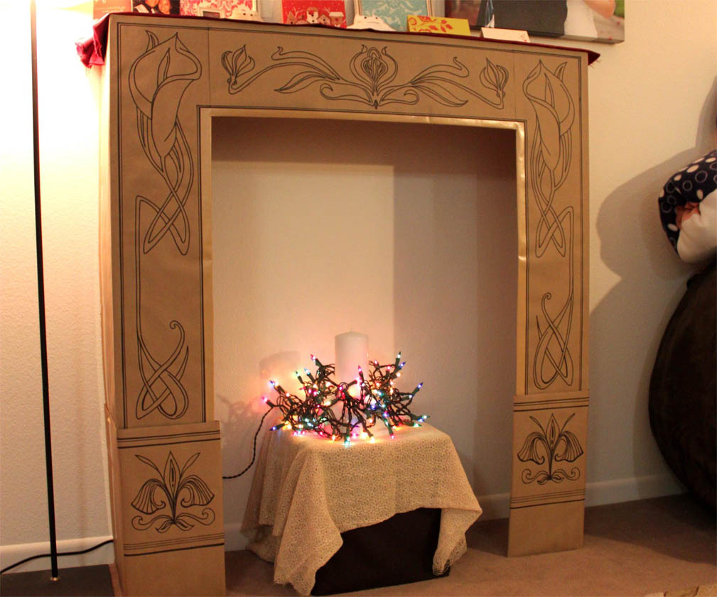 faux fireplace design with cardboard