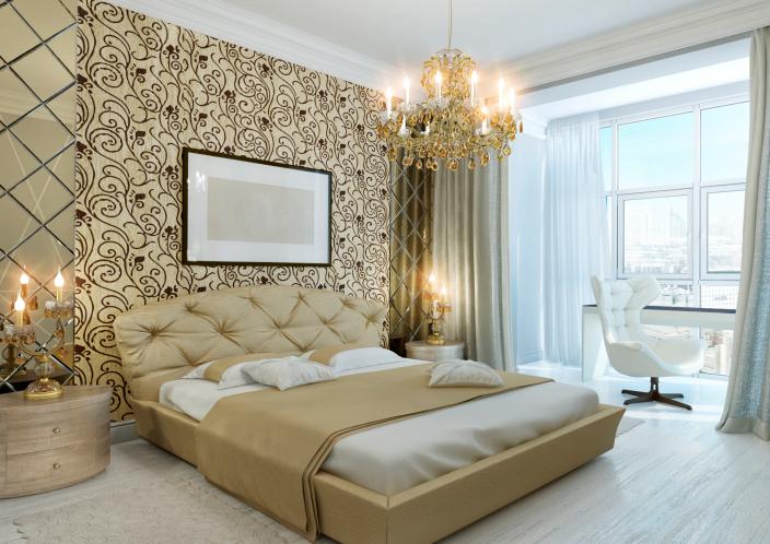 bedroom-with-gold-wall-and-chandelier