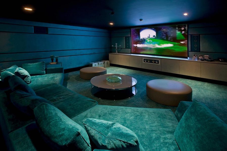 Basement Media Room Design With Turquoise Color