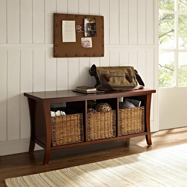 Wicker baskets inserted in teak wood bench