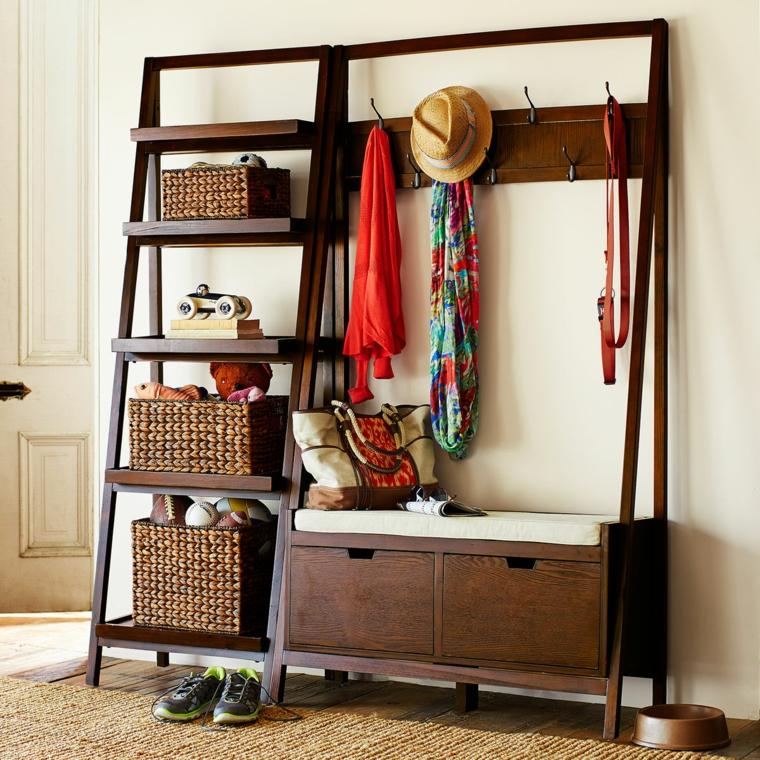 Wooden shelf and wicker baskets at the entrance