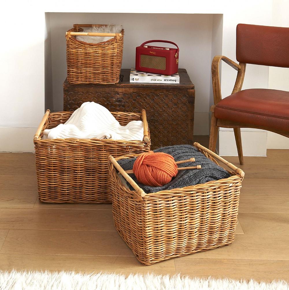 vintage wicker storage basket and red armchairs