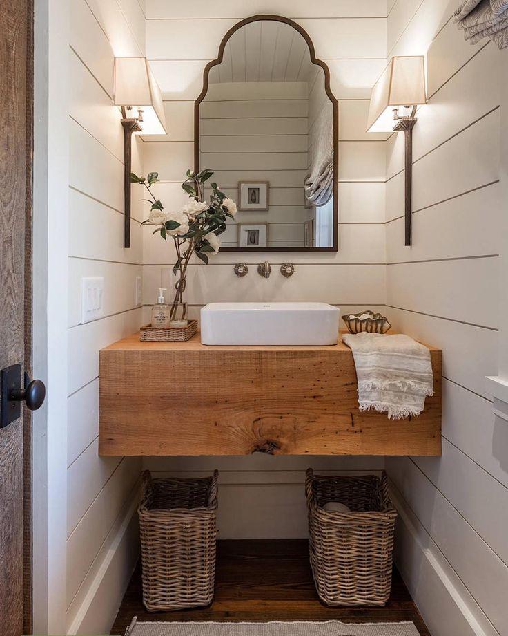 Farmhouse Guest Bathroom Decoration With Wicker Basket