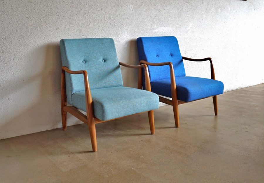 midcentury blue armchairs