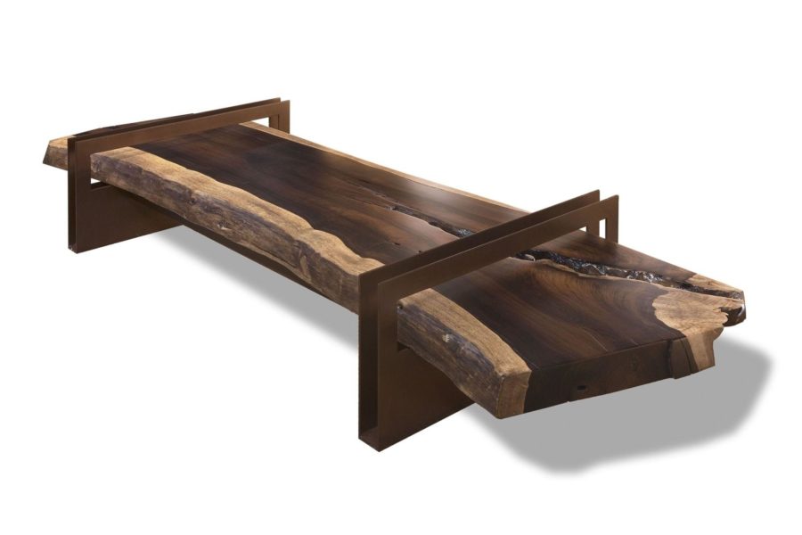 reclaimed wood coffee table with brown steel base frames