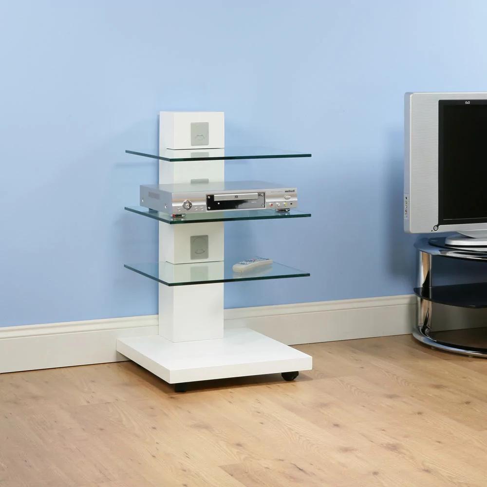 White nightstand with glass shelves