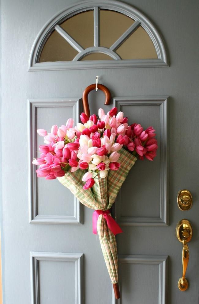 Spring door decoration with artificial tulips