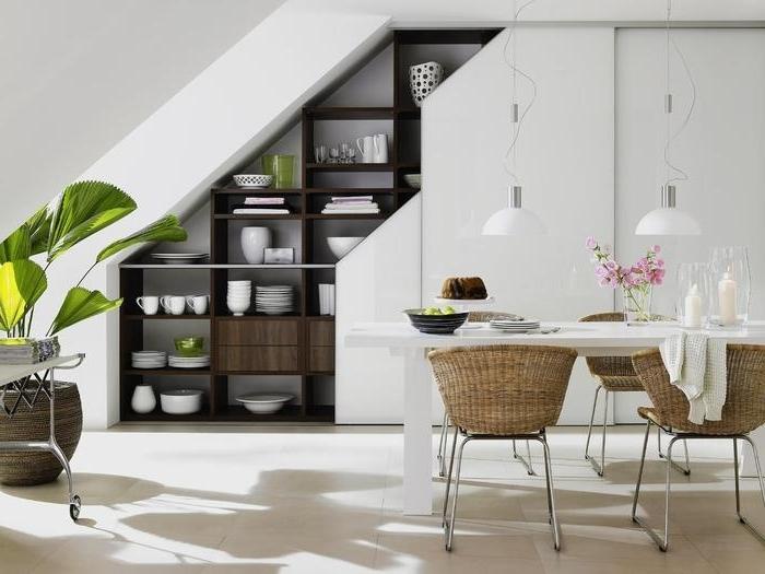 unique kitchen wall shelving under staircase