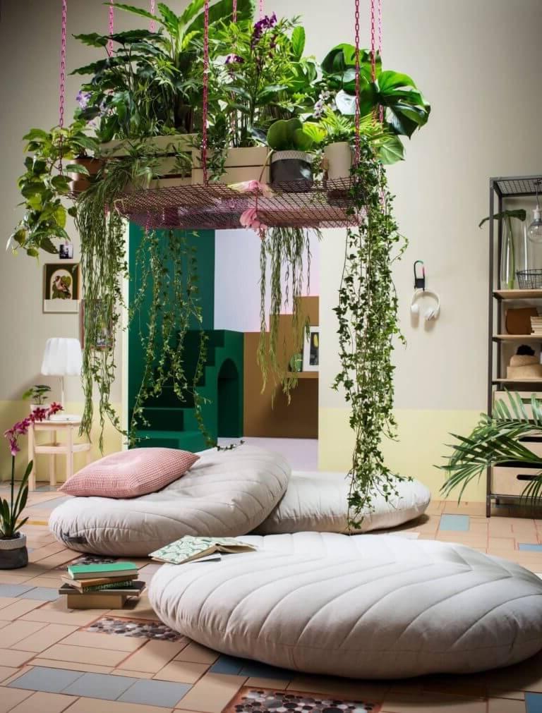 Incredibly beautiful hanging arrangement of flowers and house plants