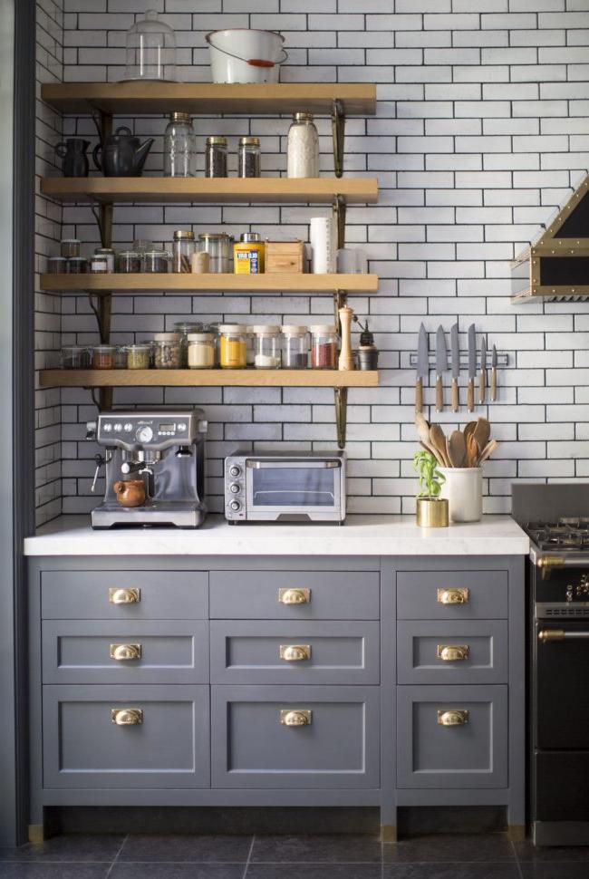 Wooden shelves combined with brickwork