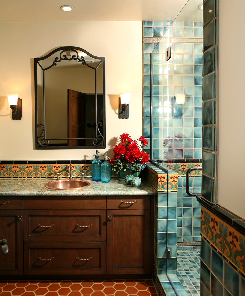 glass door for a shower with mirror and cabinet