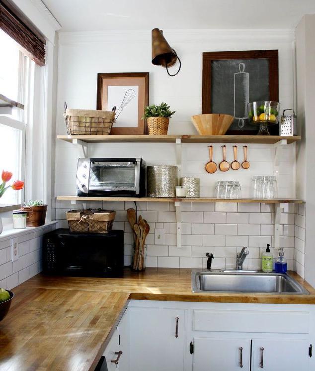 open shelves in a small kitchen