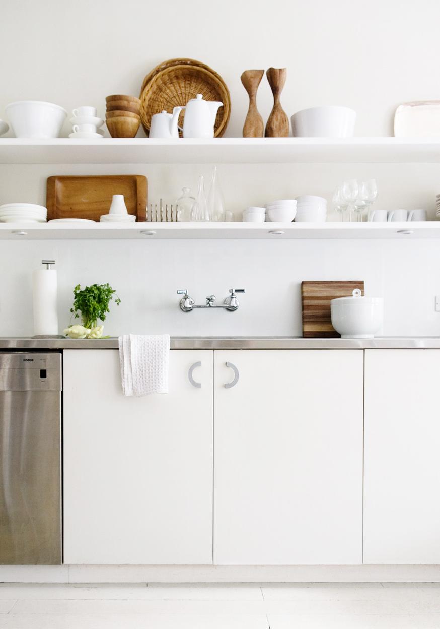 white kitchen open shelving