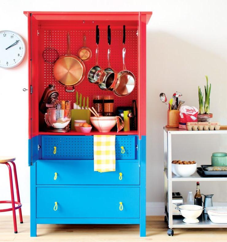 wooden pantry cabinet with three drawers and open shelf