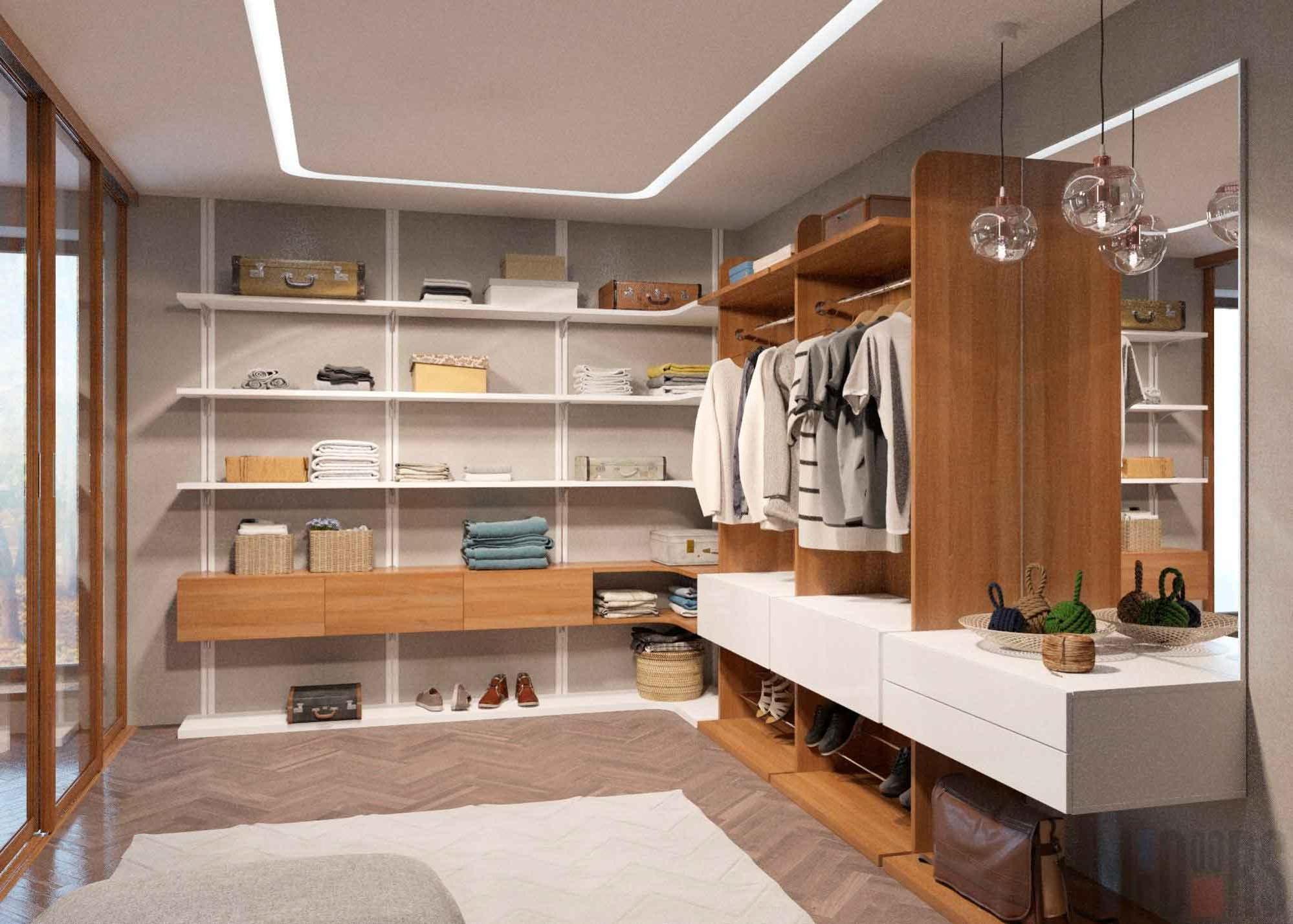 Interior dressing room with wooden shelves