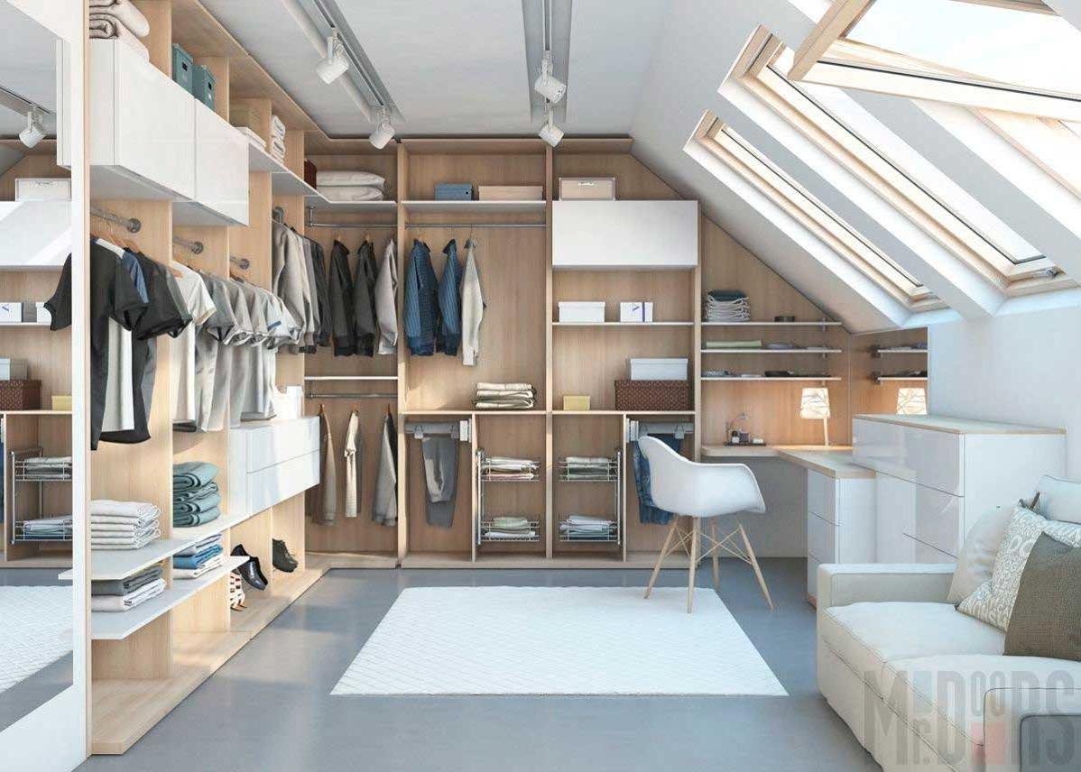 organization of a spacious spacious dressing room in the attic