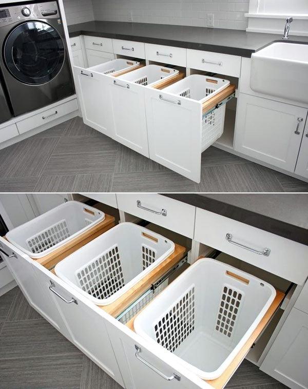 sorting laundry baskets in the laundry room