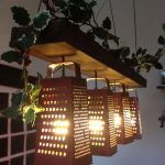 DIY ceiling lamp made of wood and metal graters.