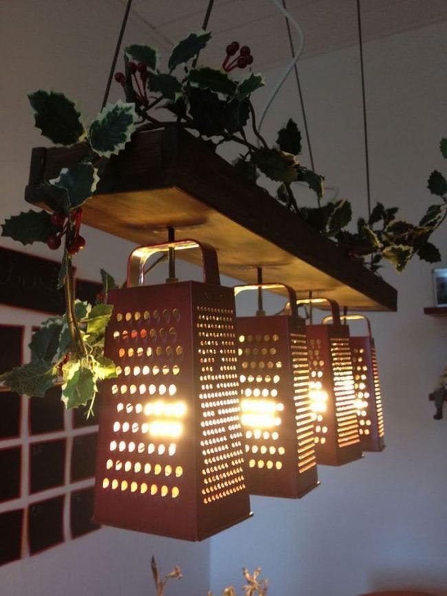 DIY ceiling lamp made of wood and metal graters.