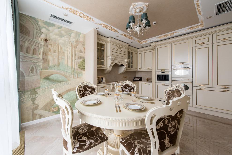 classic kitchen with stucco-decorated ceiling
