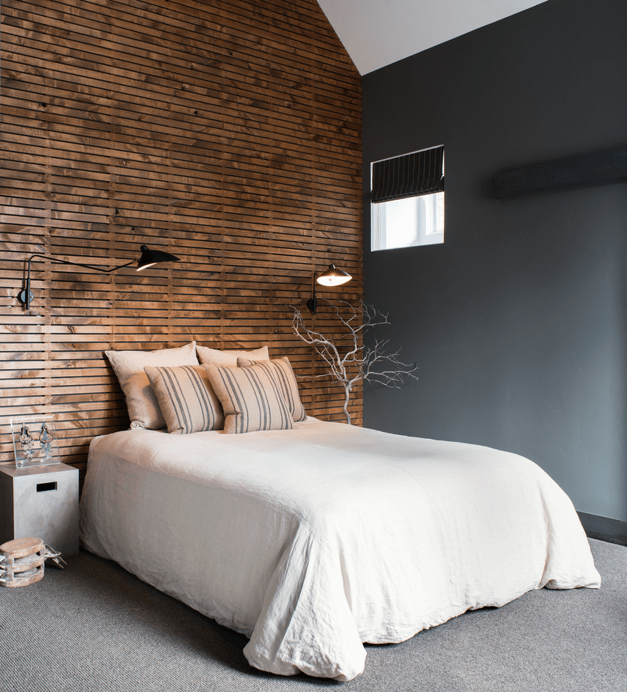 Black wall lights on the background of natural wood