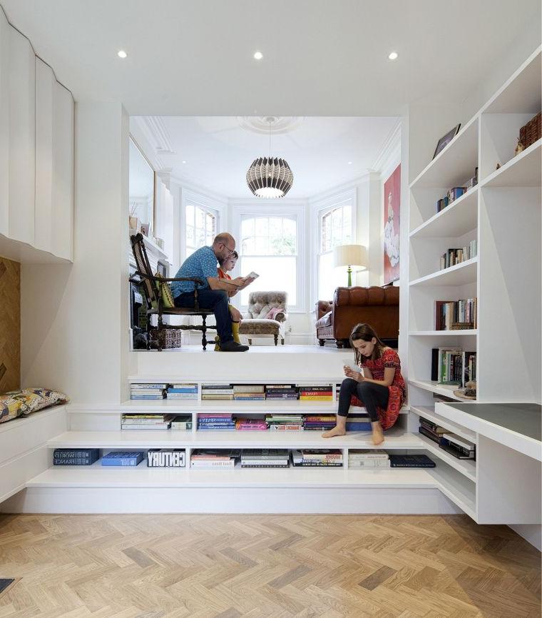 Books stored on shelf and steps