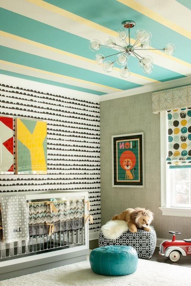 Children's room with a ceiling painted in a cheerful strip with water-based paint