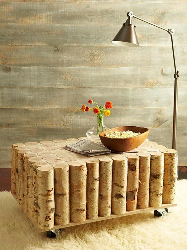 Coffee table on wheels made of logs