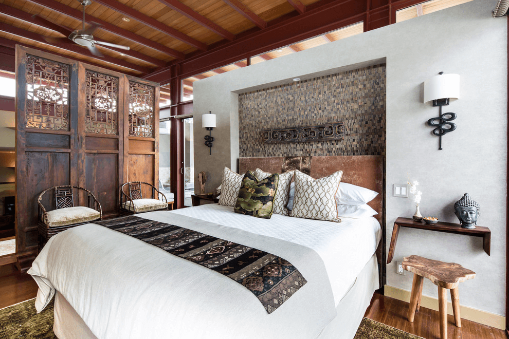 Harmonious interior of a bedroom decorated in oriental style