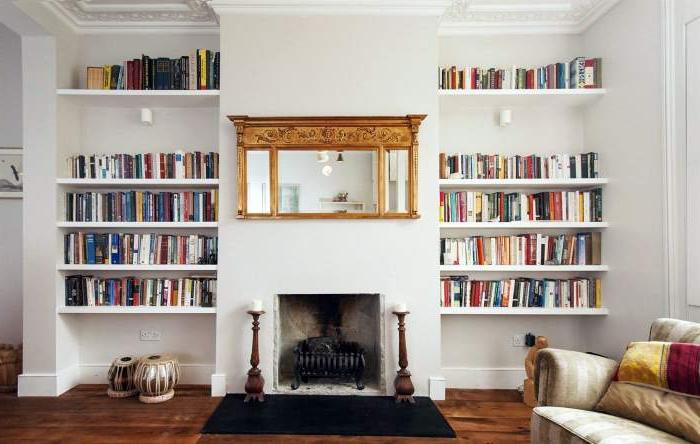 Wooden shelves in drywall niches