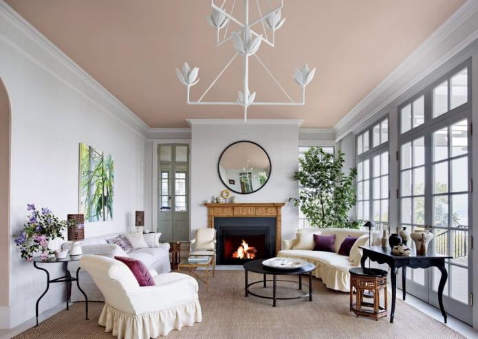 a living room with a ceiling painted in pale pink