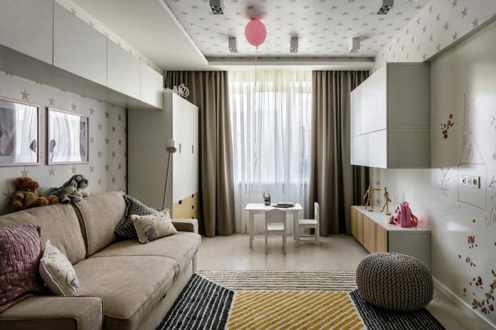 children's room with a ceiling decorated with bright wallpaper with a pattern