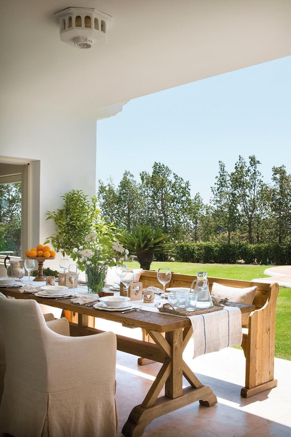 country- style table and bench