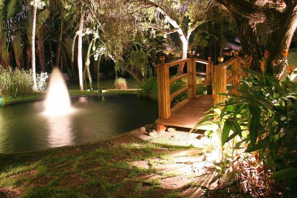 pond at the cottage with a bridge