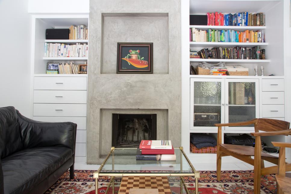 Built in Recessed Concrete Fireplace and Mantel