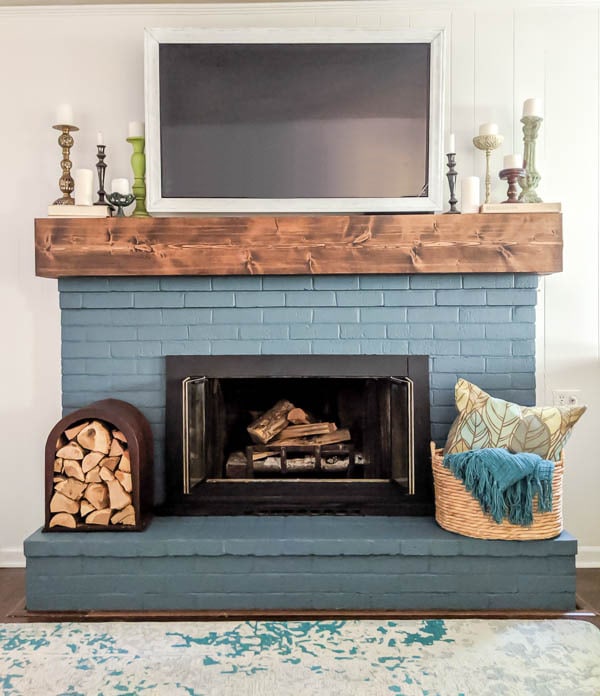 Powder Blue Fireplace with Thick Timber Mantel