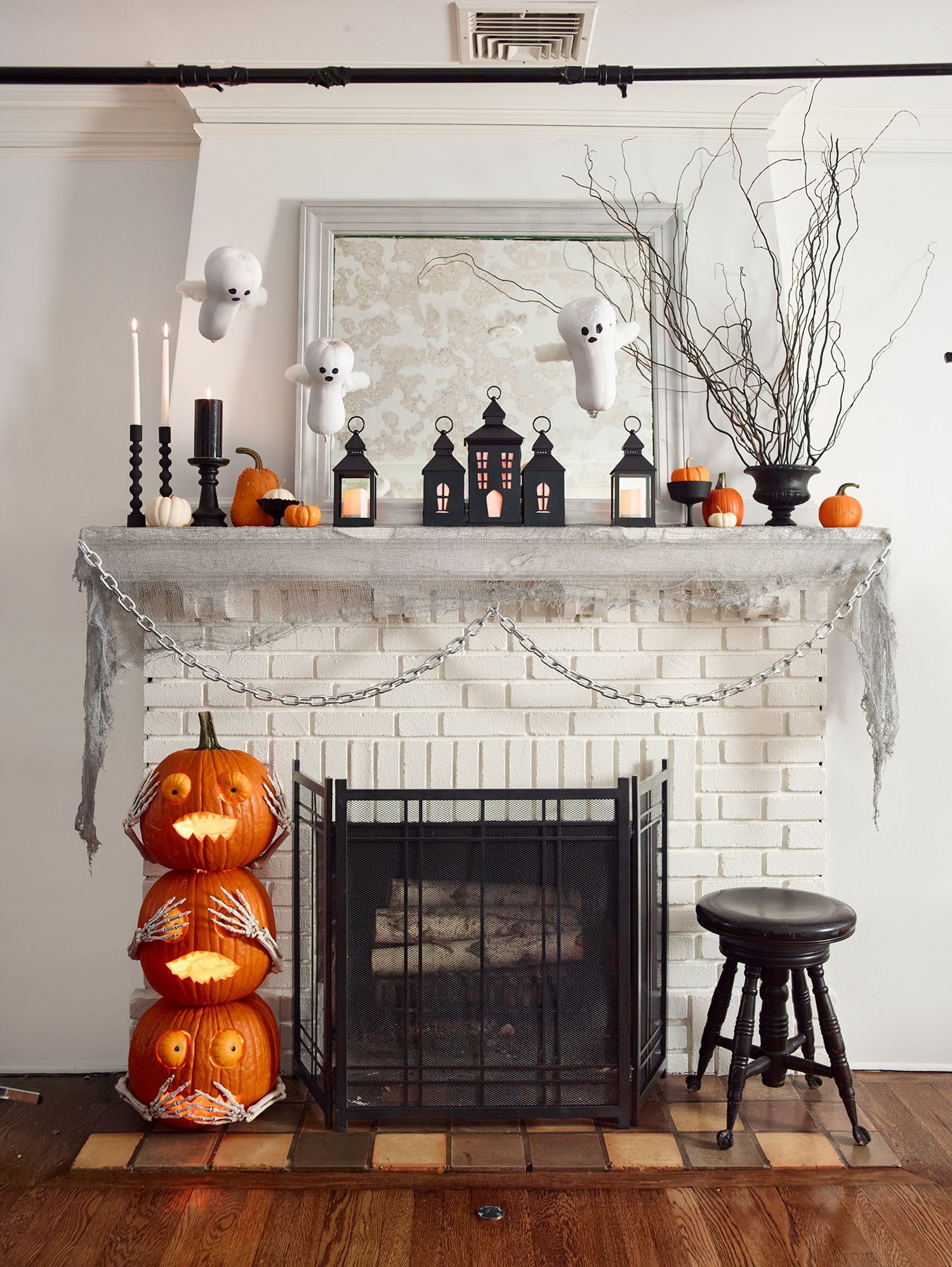 White Concrete Mantel Sitting on Painted Brick