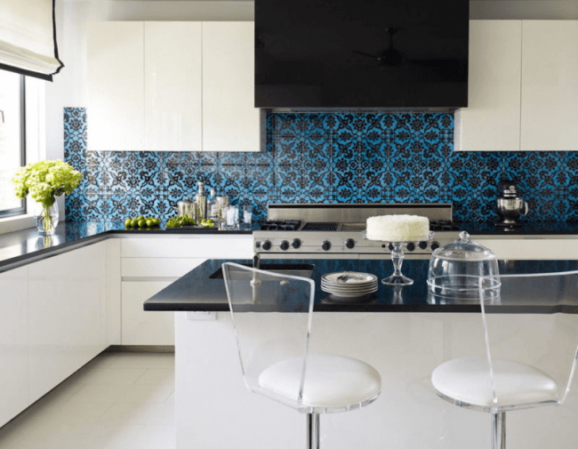 Bright apron with a pattern in the kitchen