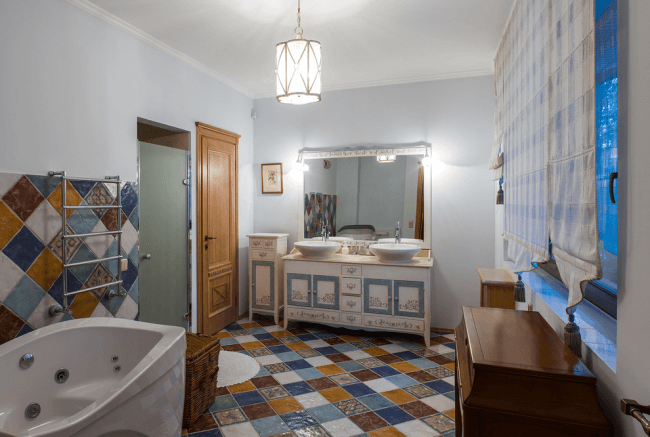 Bright mosaic in a spacious bathroom