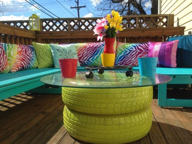 Tire and glass coffee table